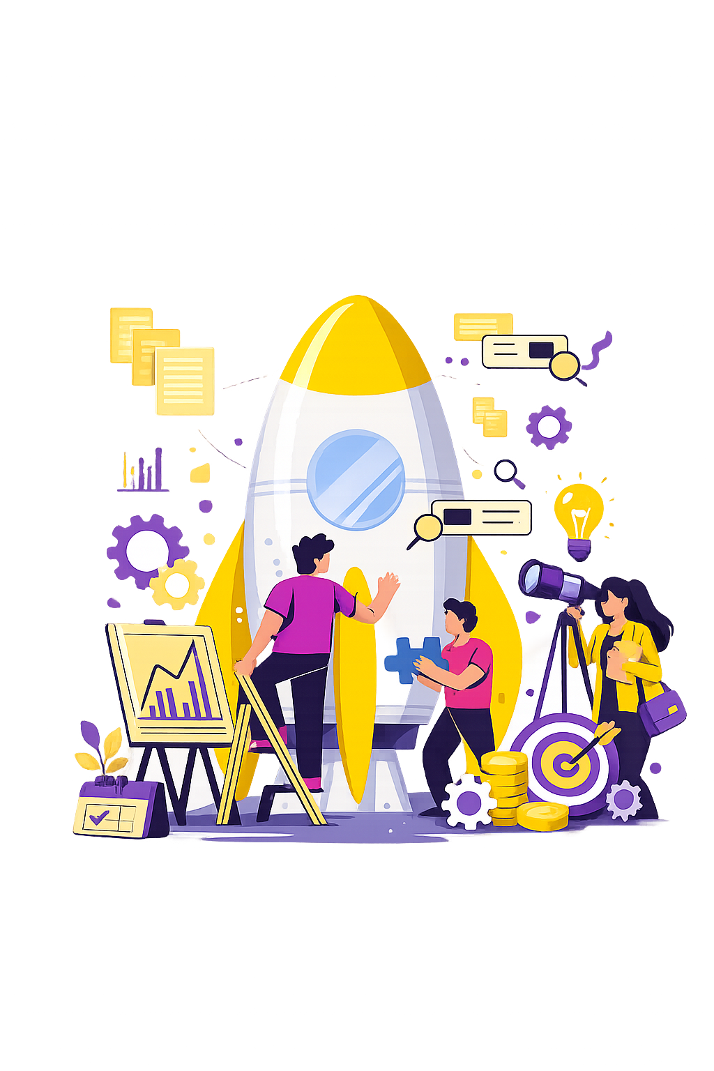 Ilustração de equipe construindo um foguete de sucesso